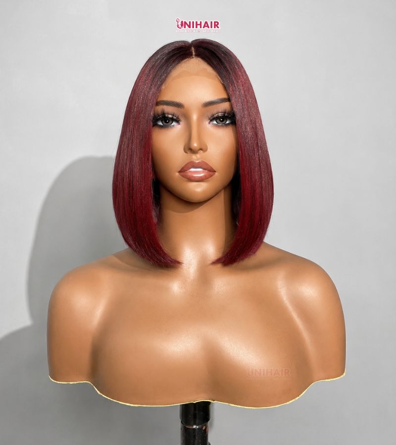 Burgundy Bob Wig 10 Inches - Bone Straight Ombre Closure Wig | Unihairvn 7 Burgundy Bob Wig 10 Inches - Bone Straight Ombre Closure Wig