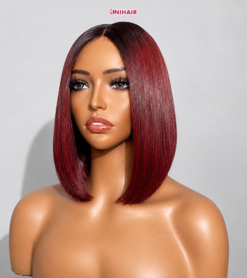 Burgundy Bob Wig 10 Inches - Bone Straight Ombre Closure Wig | Unihairvn 5 Burgundy Bob Wig 10 Inches - Bone Straight Ombre Closure Wig