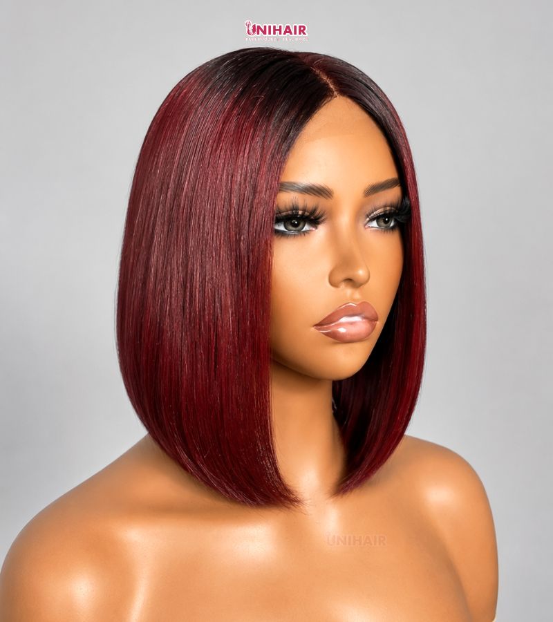 Burgundy Bob Wig 10 Inches - Bone Straight Ombre Closure Wig | Unihairvn 4 Burgundy Bob Wig 10 Inches - Bone Straight Ombre Closure Wig