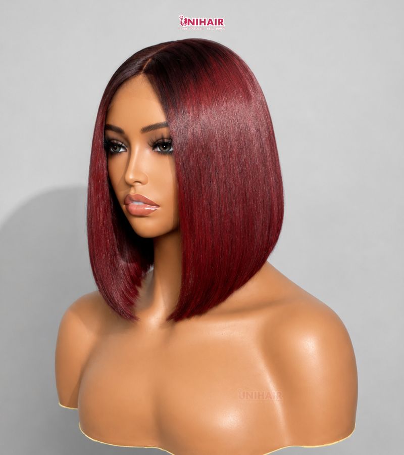 Burgundy Bob Wig 10 Inches - Bone Straight Ombre Closure Wig | Unihairvn 3 Burgundy Bob Wig 10 Inches - Bone Straight Ombre Closure Wig
