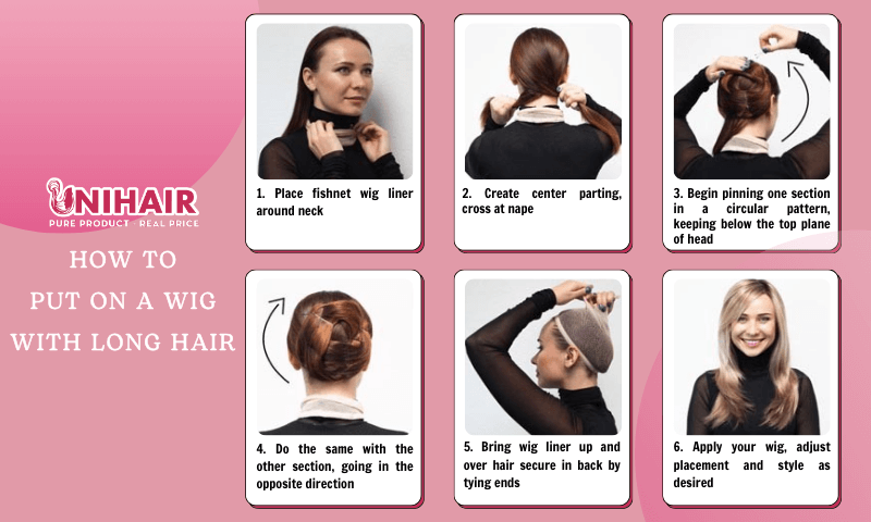how to put on a wig with long hair