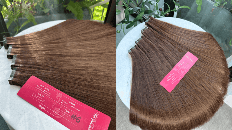 Brown tape in hair extensions with #6 Color Straight Hair