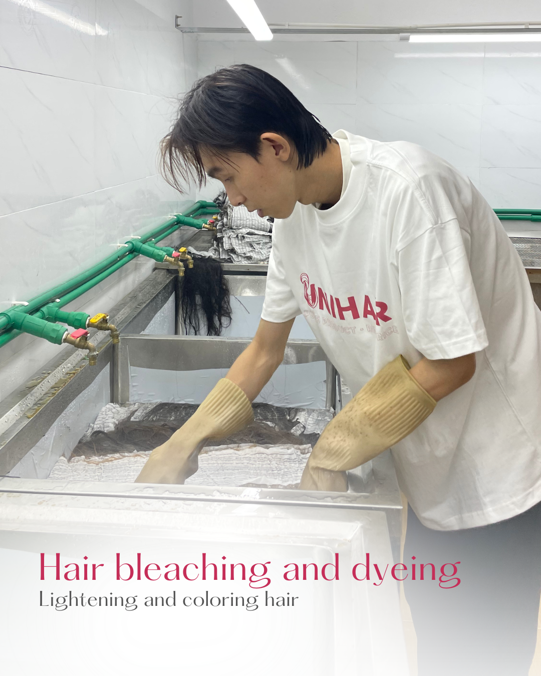 Hair bleaching and dyeing at Unihairvn factory