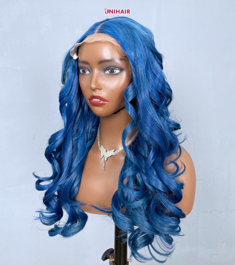 Blue Wavy Wig 20 Inches - Platinum Ocean Blue Closure Wig | Unihairvn 4 Blue Wavy Wig 20 Inches - Platinum Ocean Blue Closure Wig