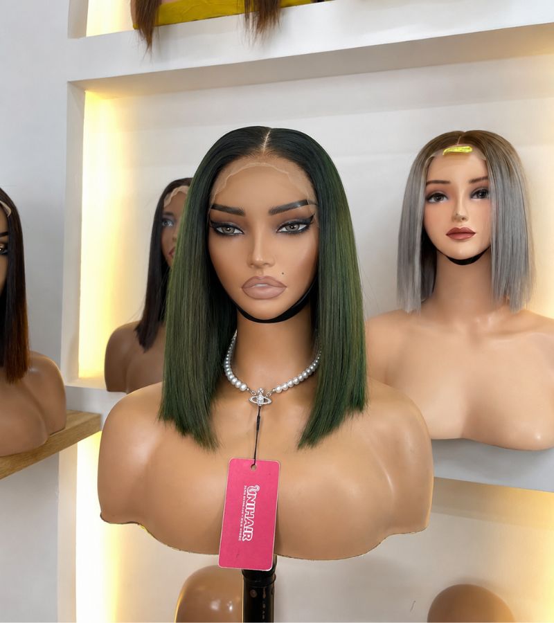 Bone Straight Bob Wig Dark Green 10 Inches - 2x4 Closure Wig | Unihairvn 6 Bone Straight Bob Wig Dark Green 10 Inches - 2x4 Closure Wig