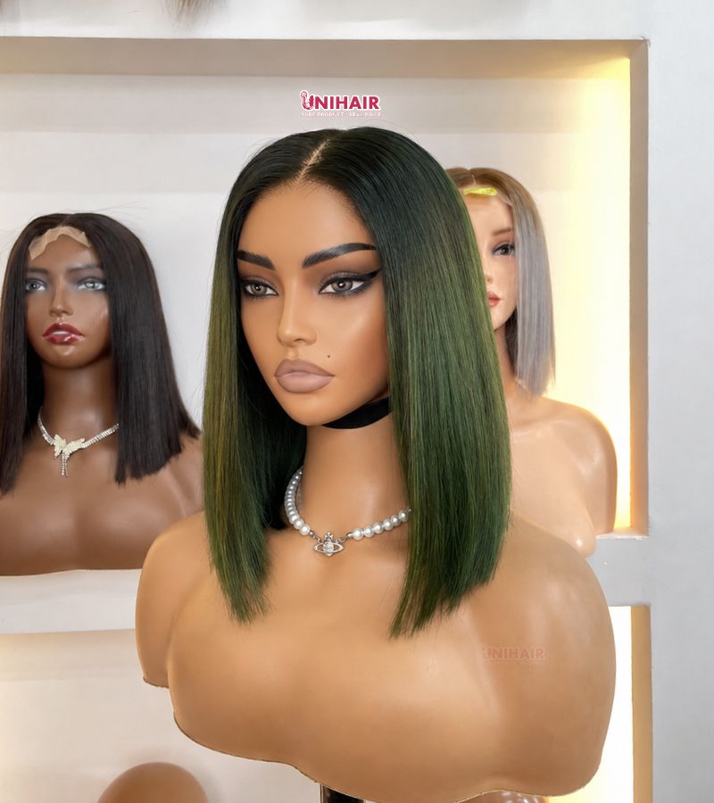 Bone Straight Bob Wig Dark Green 10 Inches - 2x4 Closure Wig | Unihairvn 5 Bone Straight Bob Wig Dark Green 10 Inches - 2x4 Closure Wig