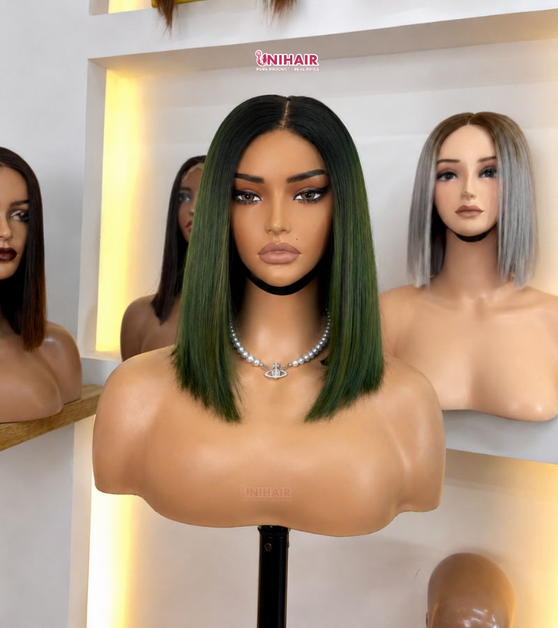 Bone Straight Bob Wig Dark Green 10 Inches - 2x4 Closure Wig | Unihairvn 3 Bone Straight Bob Wig Dark Green 10 Inches - 2x4 Closure Wig