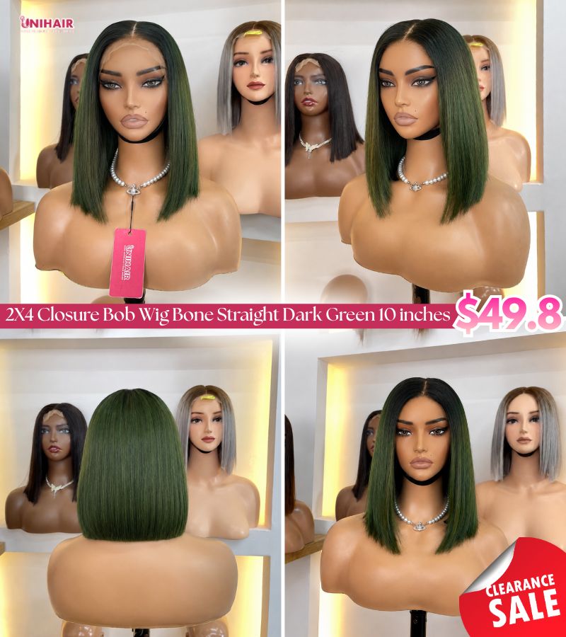 Bone Straight Bob Wig Dark Green 10 Inches - 2x4 Closure Wig | Unihairvn 2 Bone Straight Bob Wig Dark Green 10 Inches - 2x4 Closure Wig