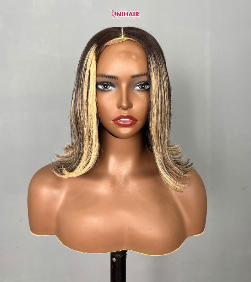 Highlight Bob Wig 12 Inches - Brown Blonde Piano Color Wig | Unihairvn 3 Highlight Bob Wig 12 Inches - Brown Blonde Piano Color Wig