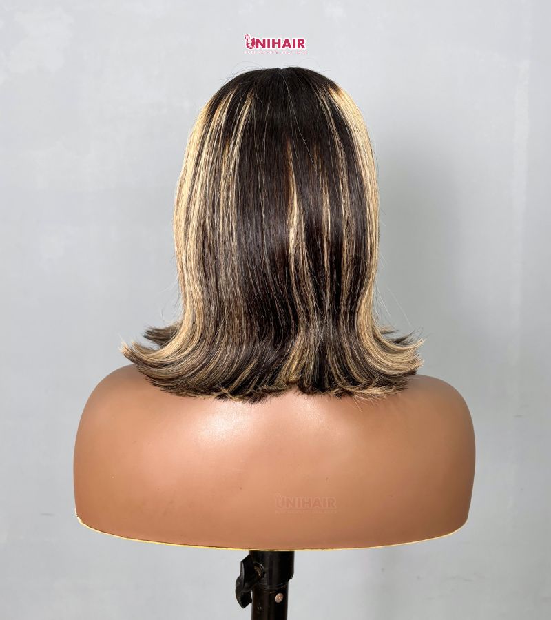 Highlight Bob Wig 12 Inches - Brown Blonde Piano Color Wig | Unihairvn 5 Highlight Bob Wig 12 Inches - Brown Blonde Piano Color Wig