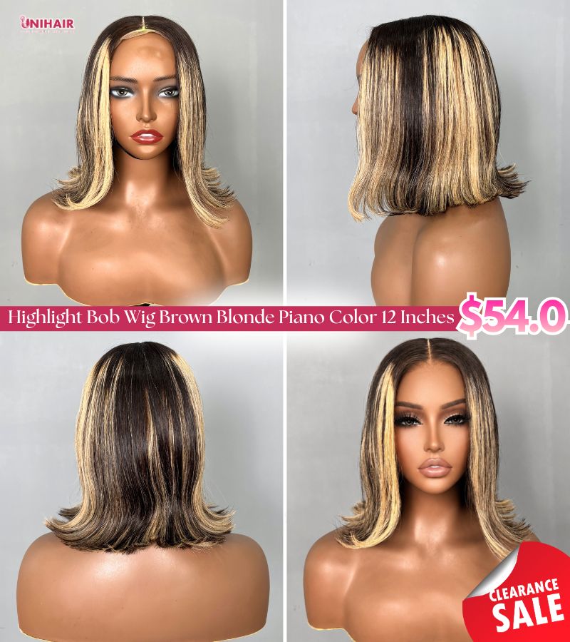 Highlight Bob Wig 12 Inches - Brown Blonde Piano Color Wig | Unihairvn 2 Highlight Bob Wig 12 Inches - Brown Blonde Piano Color Wig