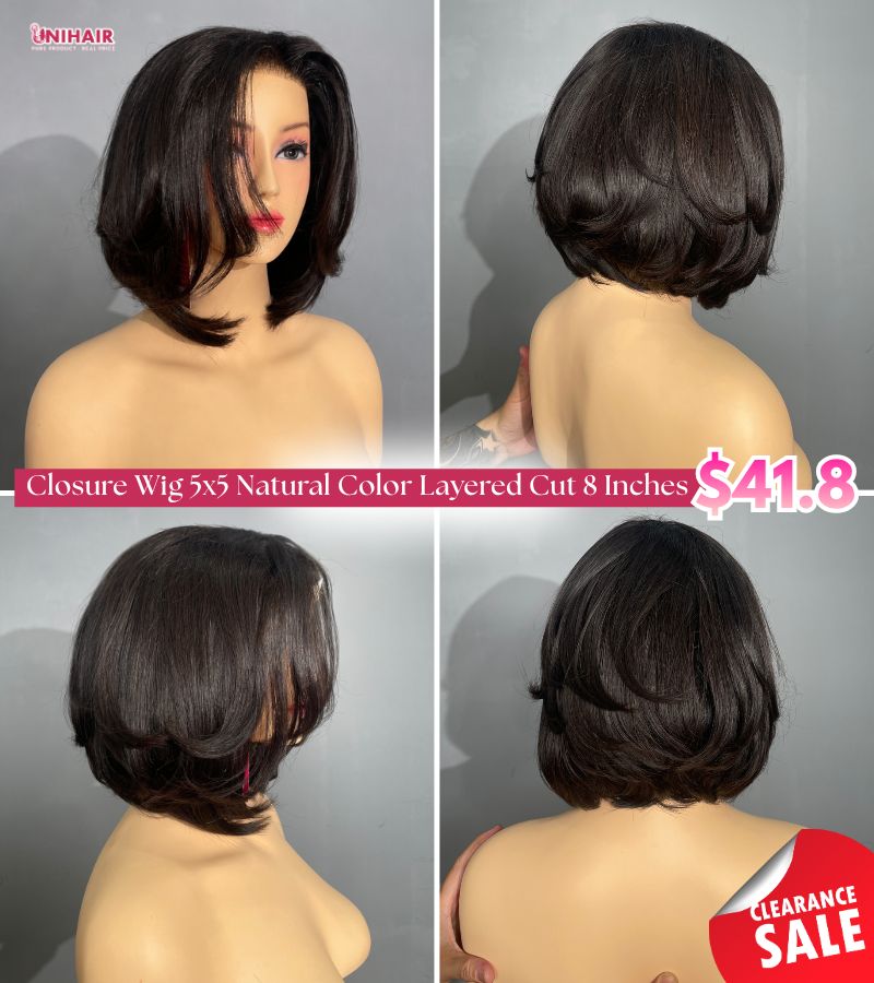 Layered Bob Wig 8 Inches - 5x5 Closure Natural Color Wig | Unihairvn 2 Layered Bob Wig 8 Inches - 5x5 Closure Natural Color Wig Unihairvn