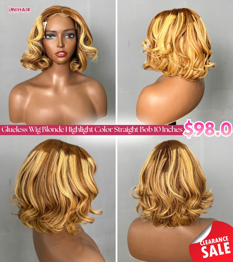 Glueless Bob Wig Blonde Highlight Straight Bob 10 Inches | Unihairvn 2 Glueless Bob Wig Blonde Highlight Straight Bob 10 Inches