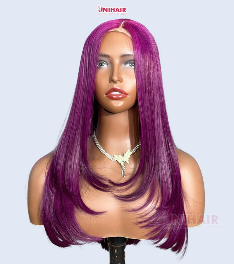 Layered Luxe Purple Bone Straight Wig 20 Inches - 4x4 Closure Wig | Unihairvn 3 Layered Luxe Purple Bone Straight Wig 20 Inches - 4x4 Closure Wig