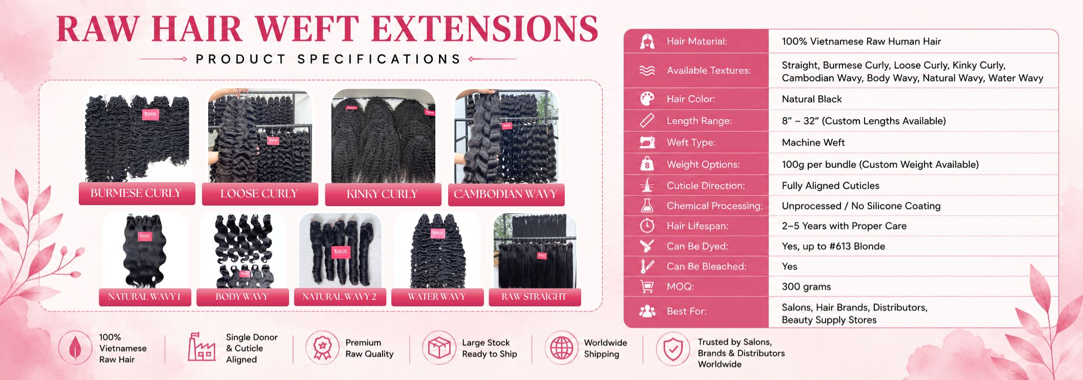 Raw hair weft wholesale technical specifications