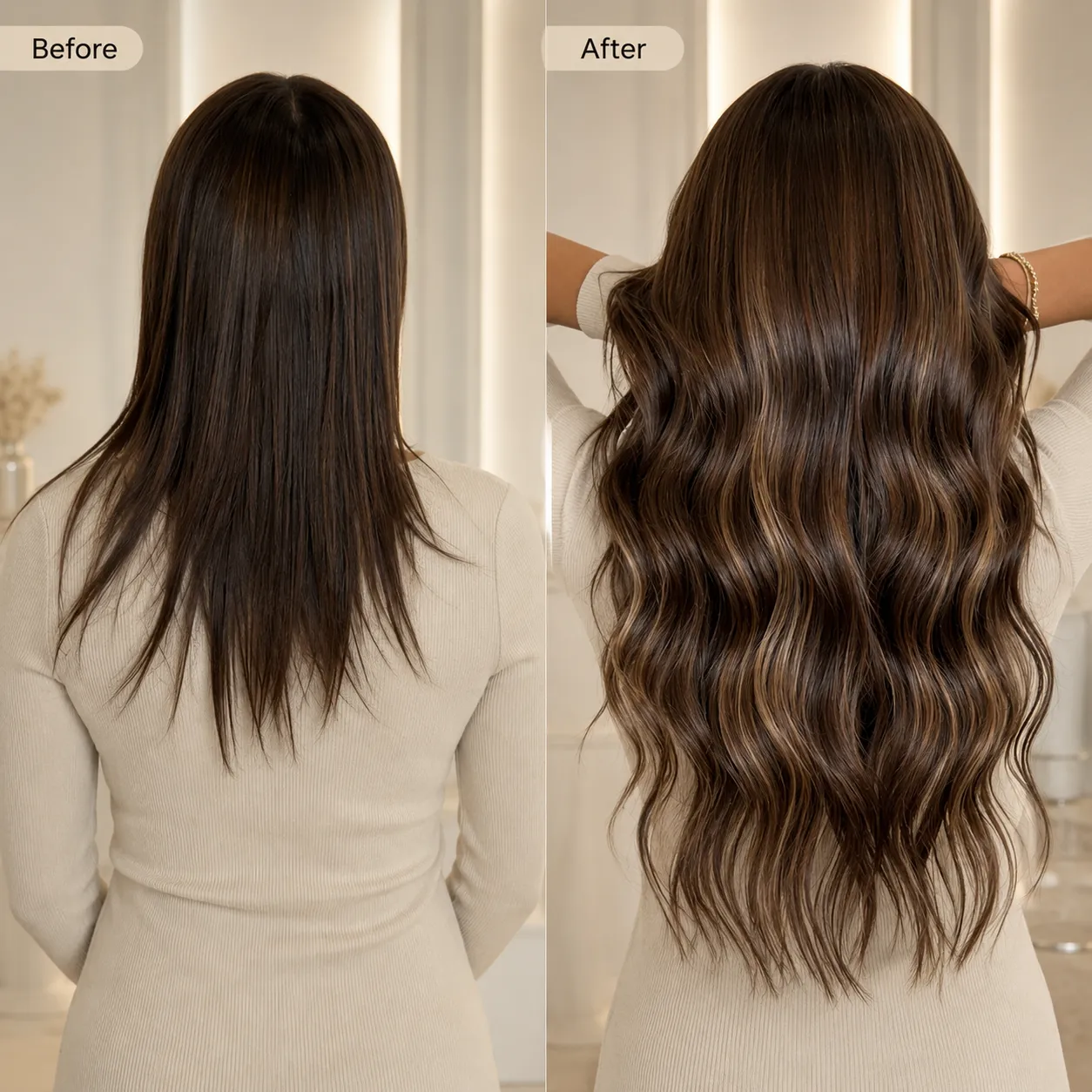 Clip-In Hair Extensions before and after transformation showing added volume and length by Unihairvn Vietnam hair factory