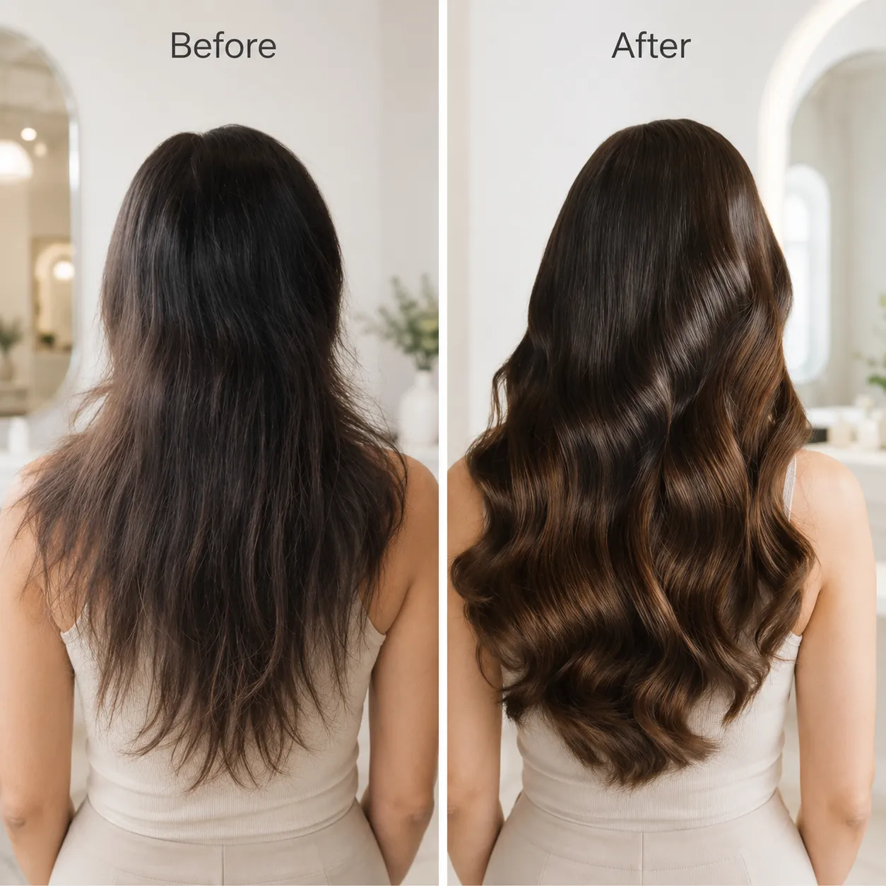 Before & After Flat Tip Hair Extensions by Unihairvn Flat Tip Hair Extensions before and after transformation showing added volume, length and natural blend by Unihairvn Vietnam hair factory