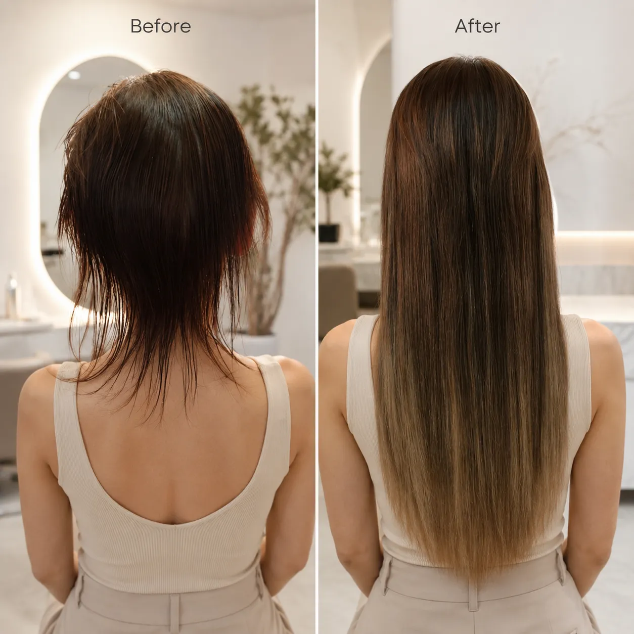 Before & After I Tip Hair Extensions by Unihairvn I Tip Hair Extensions before and after transformation showing added volume, length and natural blend by Unihairvn Vietnam hair factory