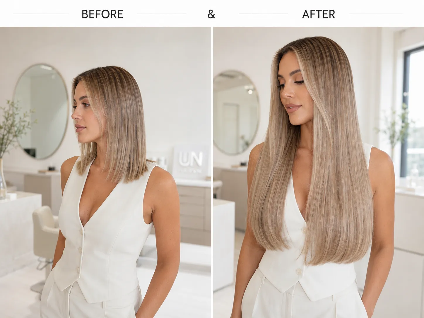 Before & After Invisible Tape-In Hair Extensions by Unihairvn Invisible Tape-In Hair Extensions before and after transformation showing volume, length and natural blend by Unihairvn Vietnam hair factory