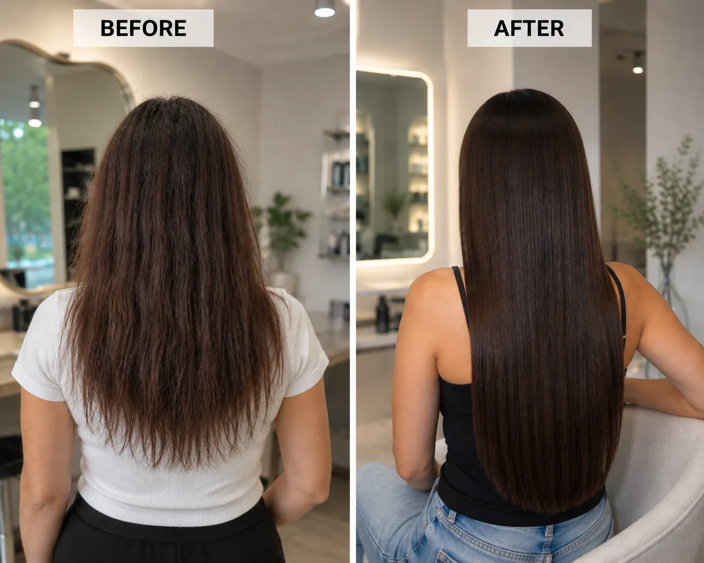 Keratin Tip Hair Extensions before and after transformation showing added volume and length by Unihairvn Vietnam hair factory