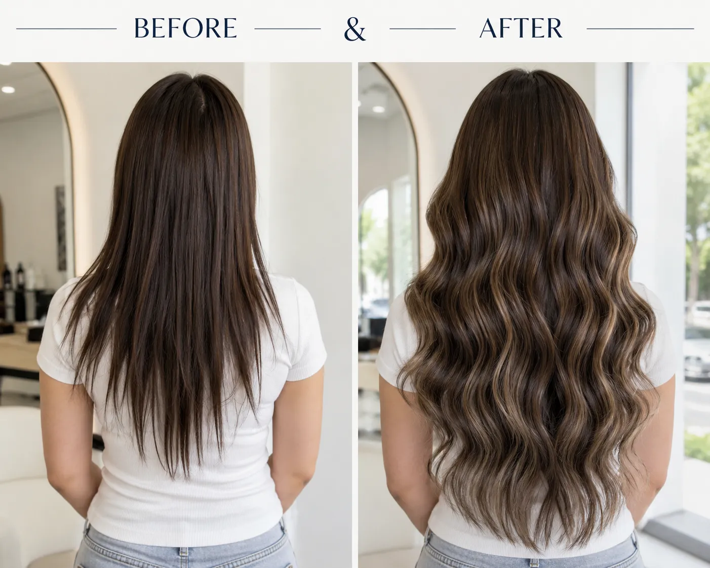 Before & After Normal Tape-In Hair Extensions by Unihairvn Normal Tape-In Hair Extensions before and after transformation showing volume, length and natural blend by Unihairvn Vietnam hair factory