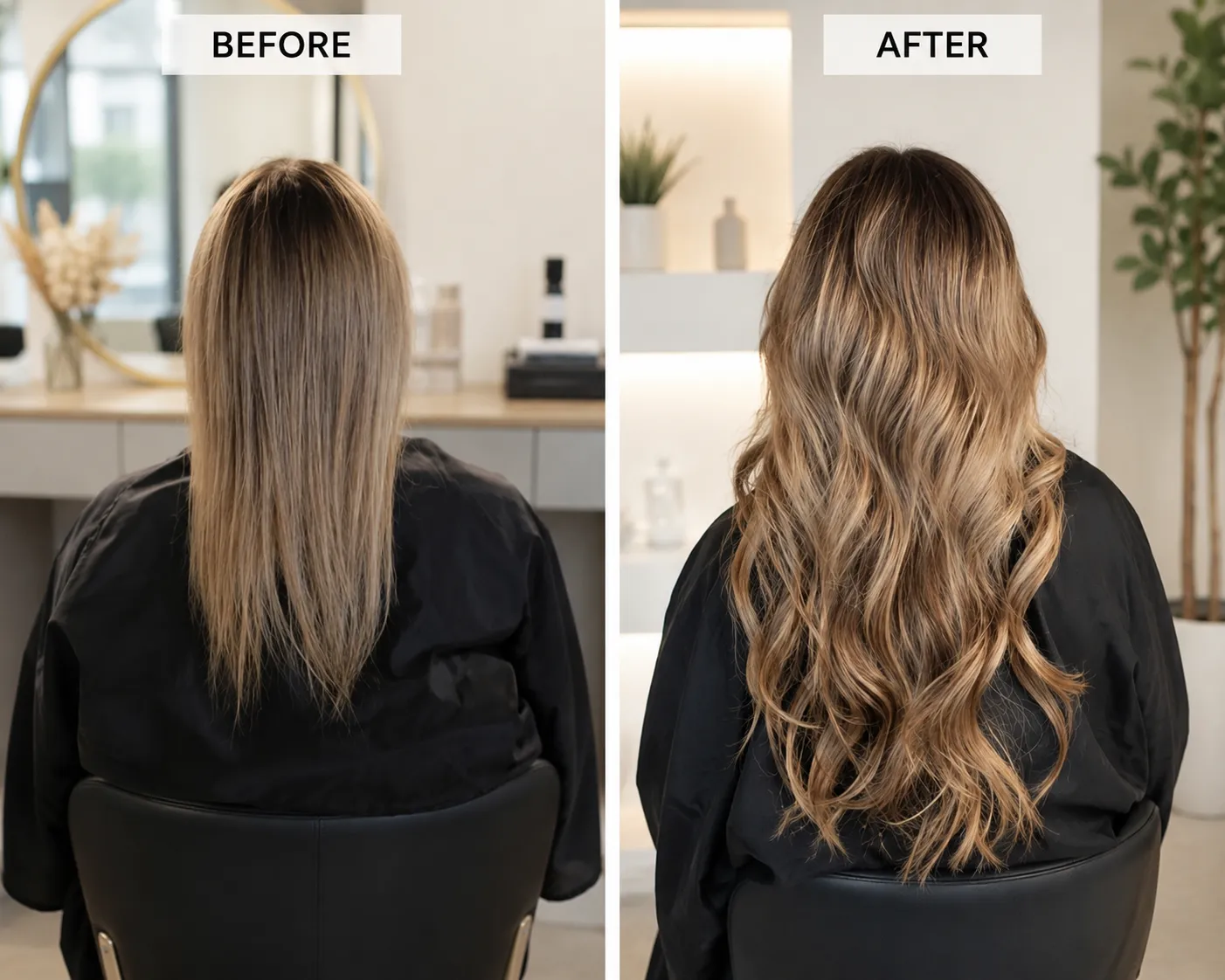 Before & After Seamless Tape-In Hair Extensions by Unihairvn Seamless Tape-In Hair Extensions before and after transformation showing volume, length and natural blend by Unihairvn Vietnam hair factory