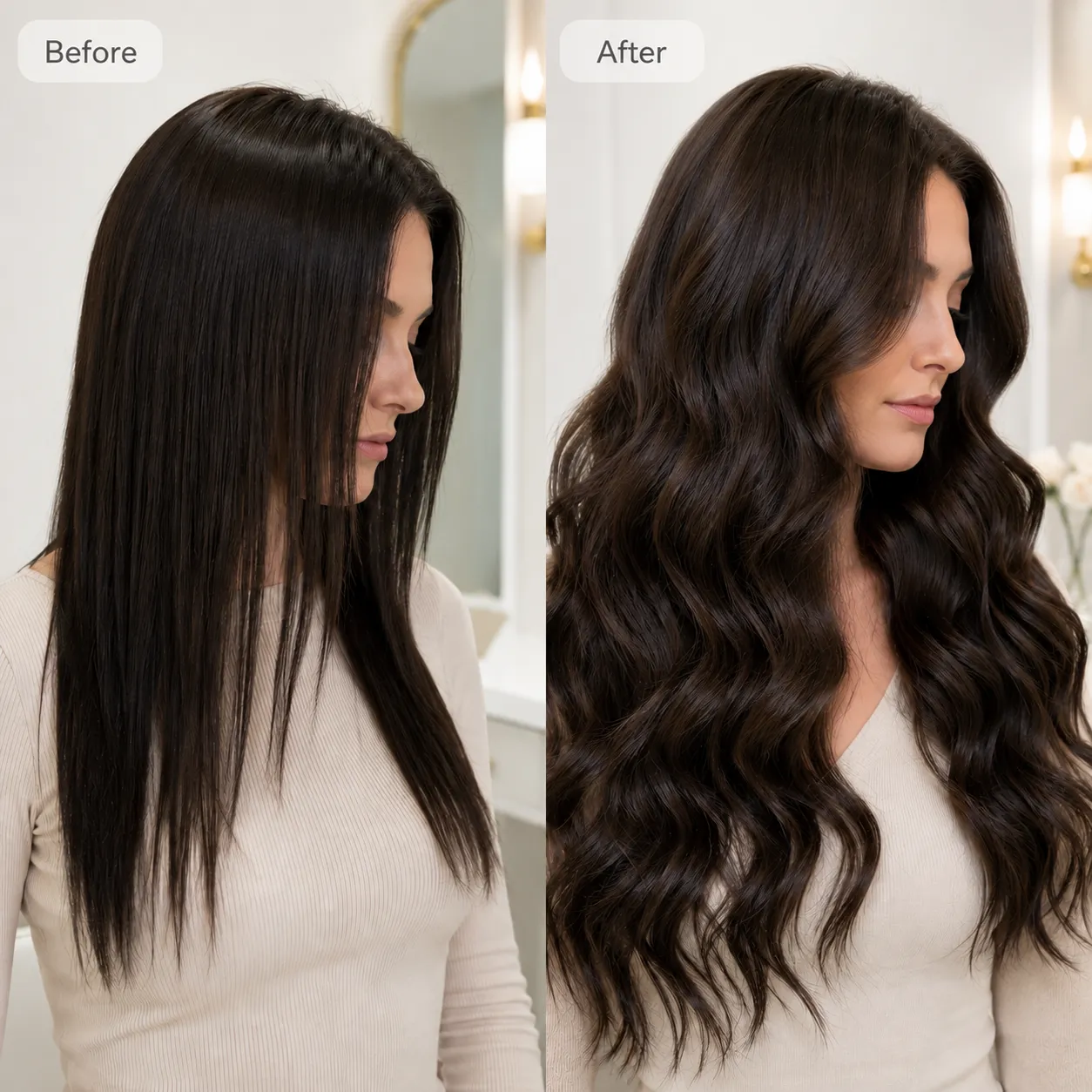 Tape-In Hair Extensions before and after transformation showing added volume and length by Unihairvn Vietnam hair factory