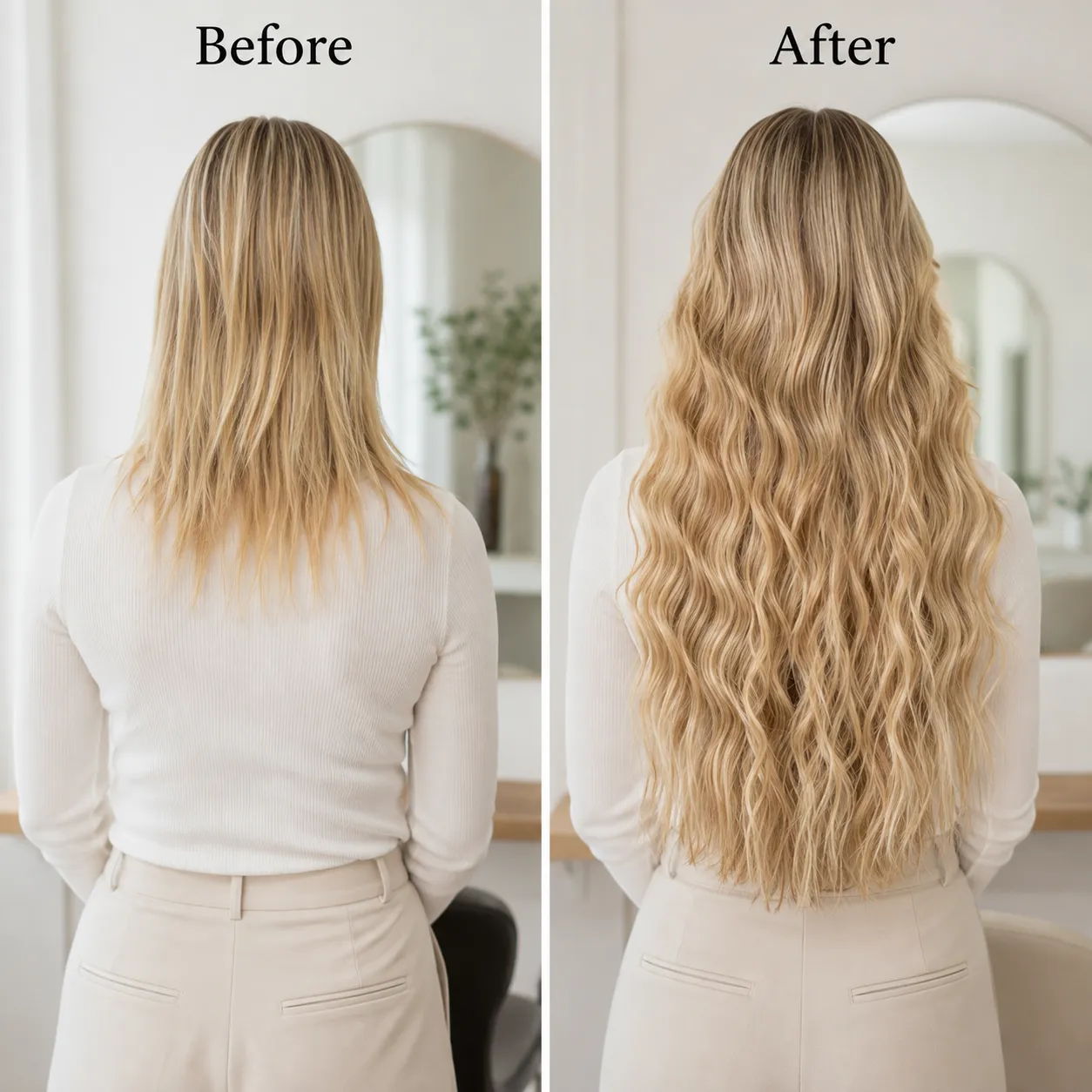 Before & After U Tip Hair Extensions by Unihairvn U Tip Hair Extensions before and after transformation showing added volume, length and natural blend by Unihairvn Vietnam hair factory