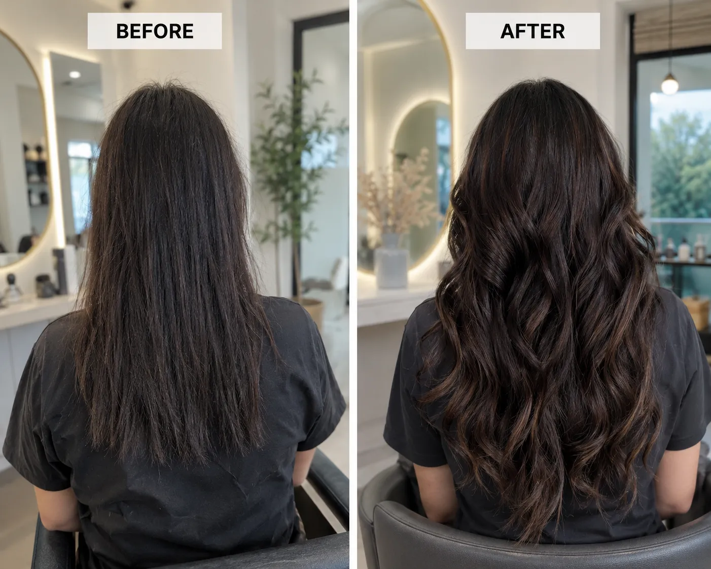 Weft Hair Extensions before and after transformation showing added volume and length by Unihairvn Vietnam hair factory