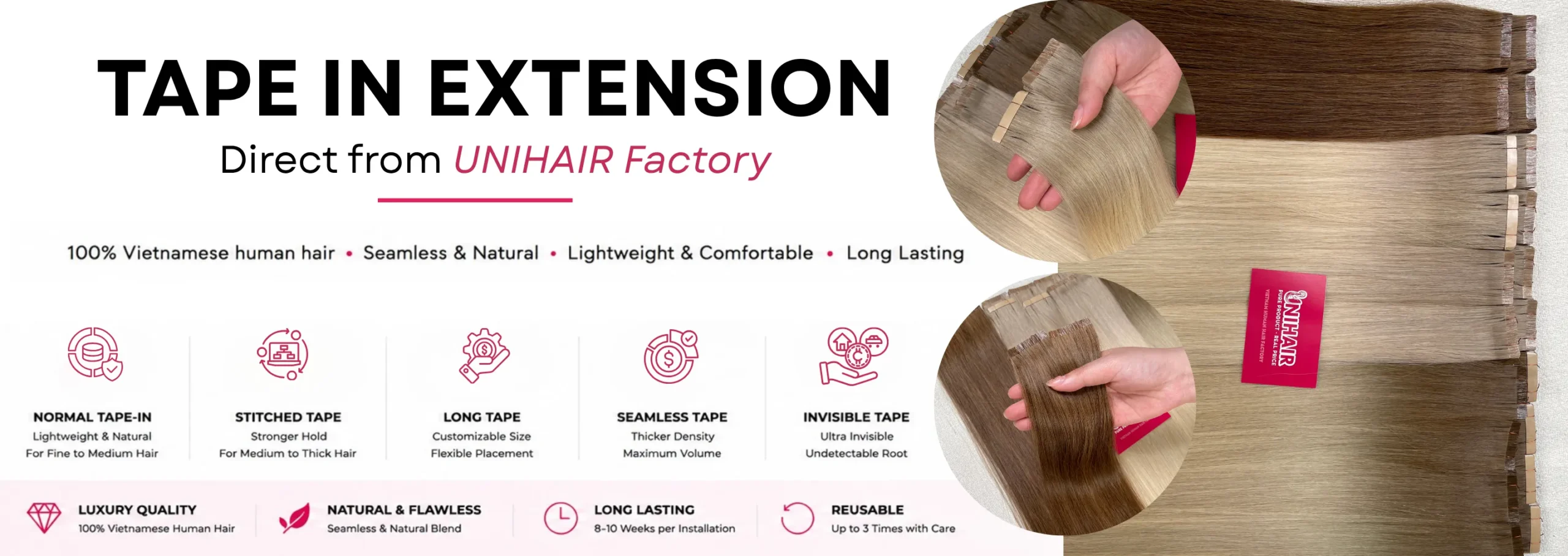 Tape-In Hair Extensions cover banner by Unihairvn Vietnam hair factory