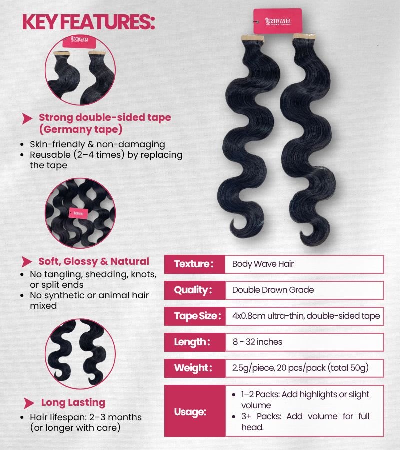 Body Wave Tape In Hair Extensions – Luxurious Raw Vietnamese Hair & Natural Shine
