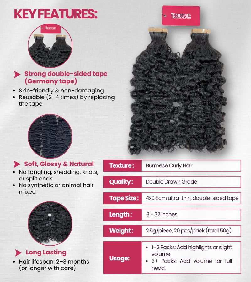 Burmese Curly Tape Ins – Seamless, Bouncy Curls from 100% Raw Vietnamese Hair