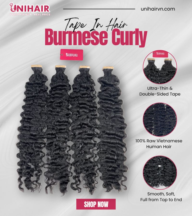 Burmese Curly Tape Ins – Seamless, Bouncy Curls from 100% Raw Vietnamese Hair