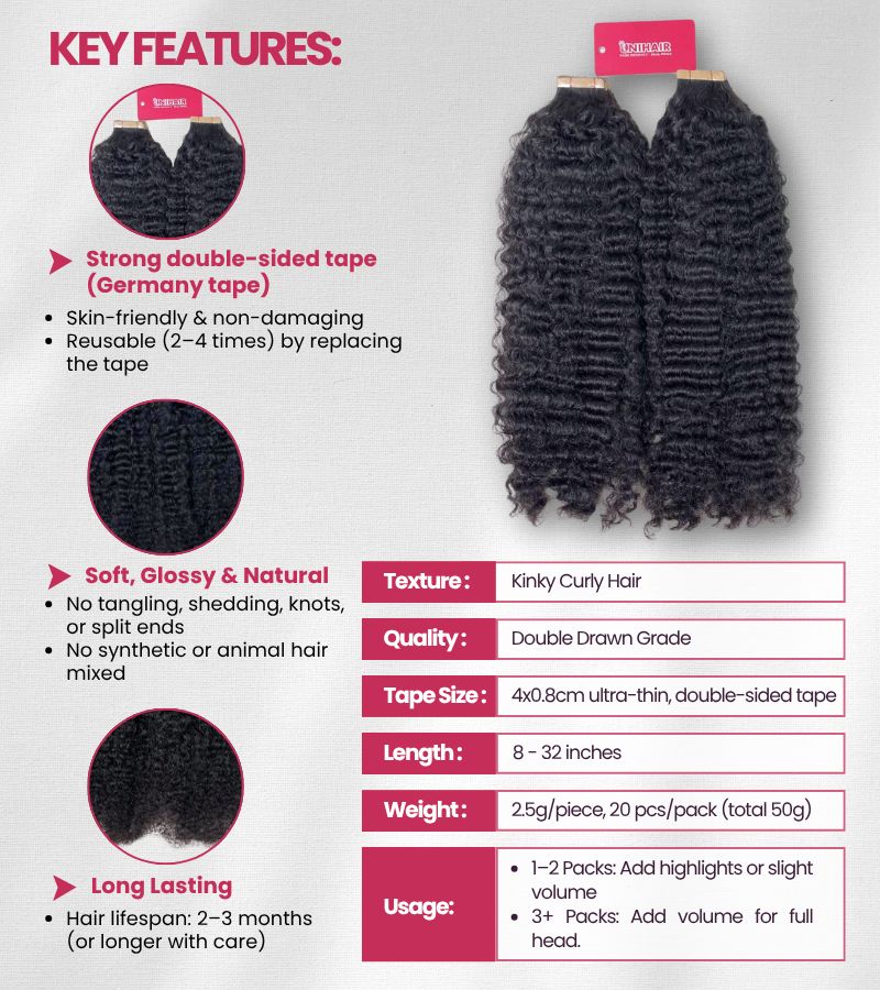 Raw Vietnamese Kinky Curly Tape In Hair Extensions – Reusable & Seamless
