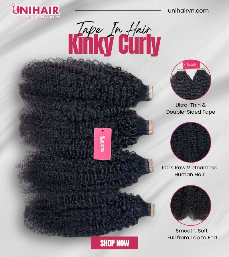 Raw Vietnamese Kinky Curly Tape In Hair Extensions – Reusable & Seamless