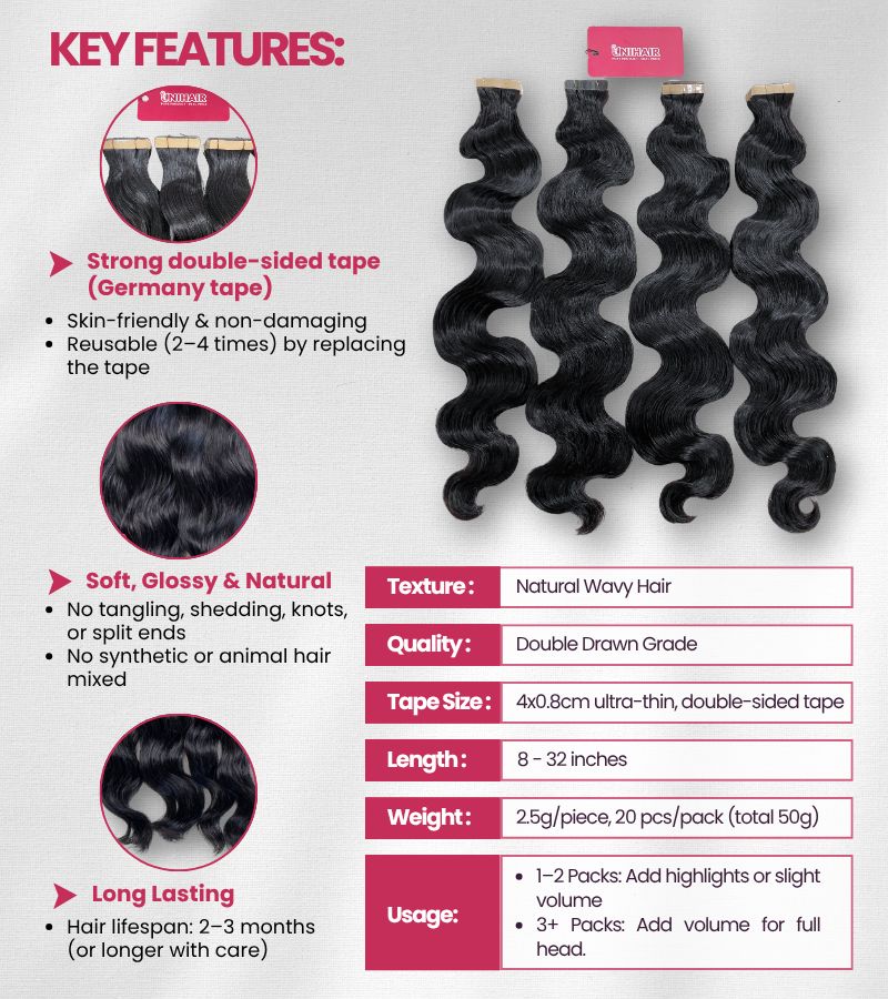 Natural Wavy Tape In Extensions – Soft, Reusable and Raw Vietnamese Hair