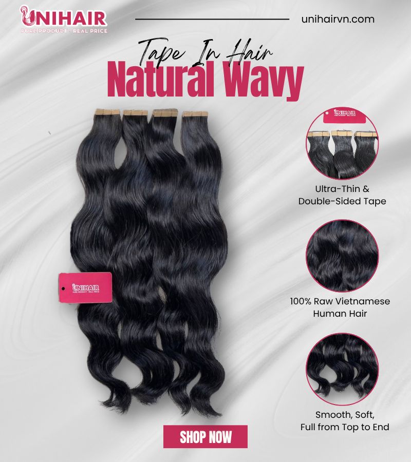 Natural Wavy Tape In Extensions – Soft, Reusable and Raw Vietnamese Hair