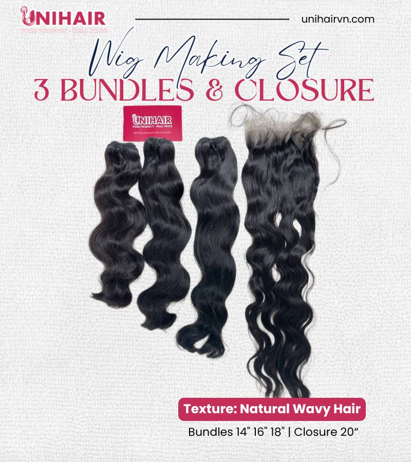 Natural Wavy Wig Making Set – 3 Bundles (14” 16” 18”) & Closure 6x6 Swiss Lace Pre-Plucked 20”