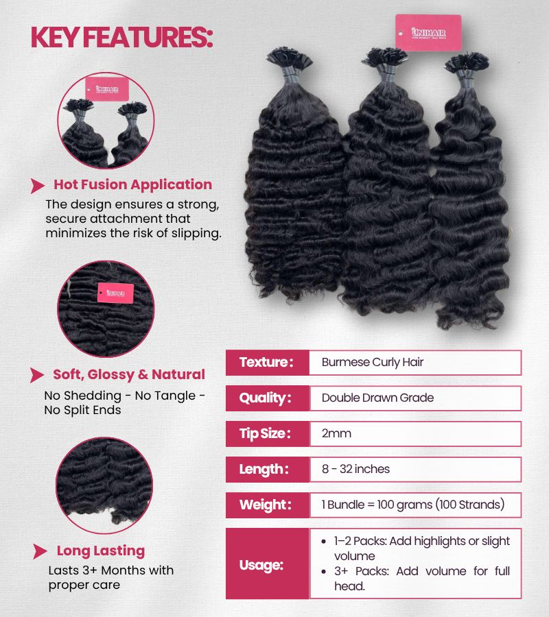 Raw Burmese Curly Flat Tip Hair Extensions – 100% Raw Vietnamese Hair