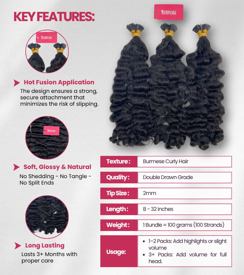 Raw Burmese Curly I Tip Hair Extensions – Natural Curls, Strong Keratin Bonds
