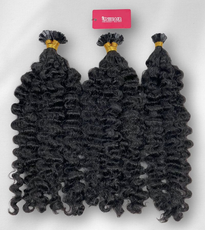 Natural Raw Burmese Curly V Tip Hair Extensions – Keratin Pre-Bonded, Strong Hold