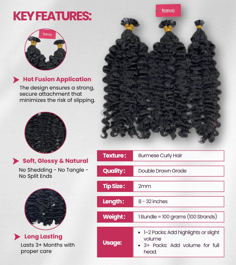 Natural Raw Burmese Curly V Tip Hair Extensions – Keratin Pre-Bonded, Strong Hold