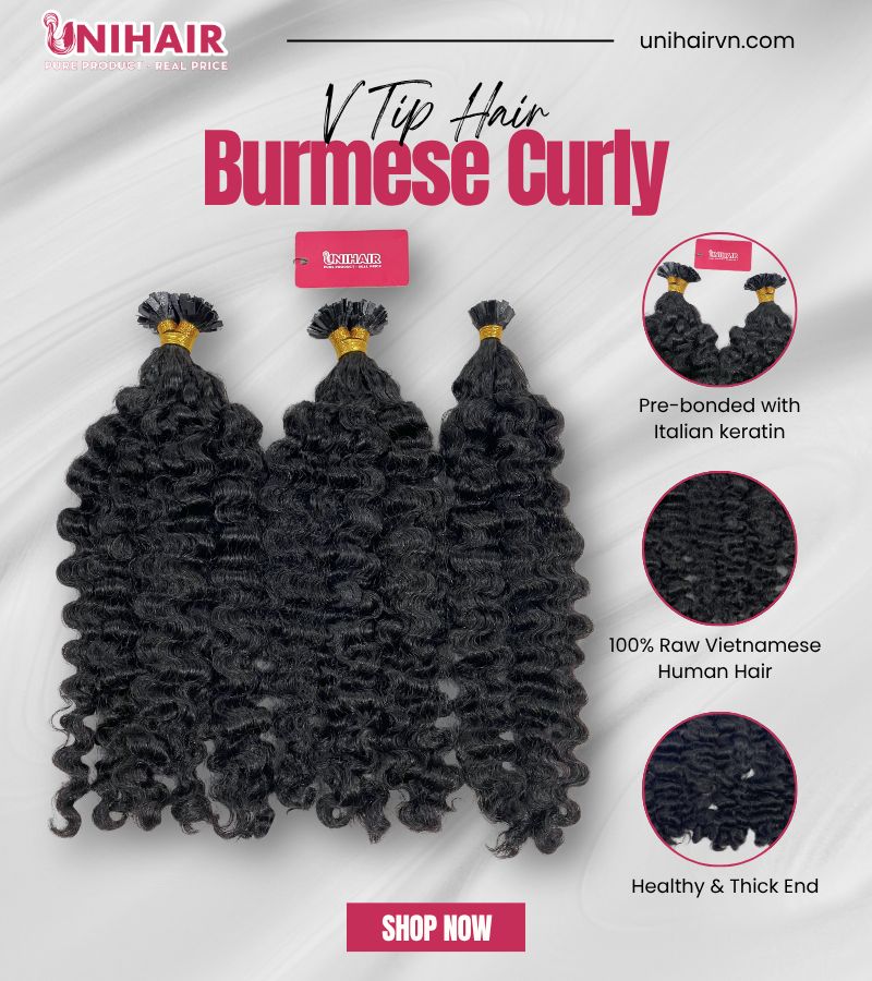 Natural Raw Burmese Curly V Tip Hair Extensions – Keratin Pre-Bonded, Strong Hold