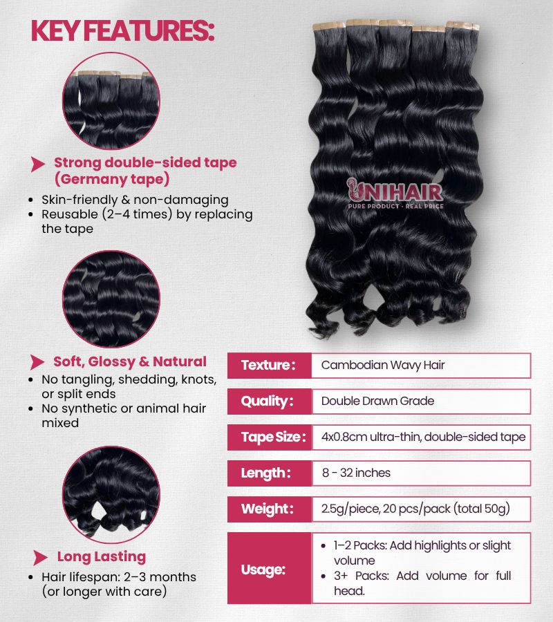 Raw Cambodian Tape In Hair Extensions – Soft Waves, 100% Raw Vietnamese Hair