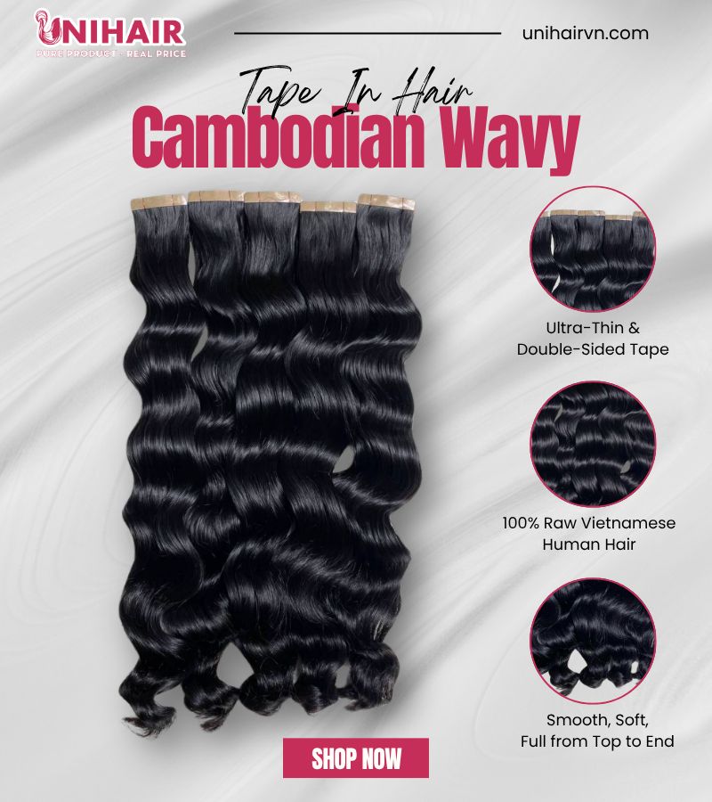 Raw Cambodian Tape In Hair Extensions – Soft Waves, 100% Raw Vietnamese Hair