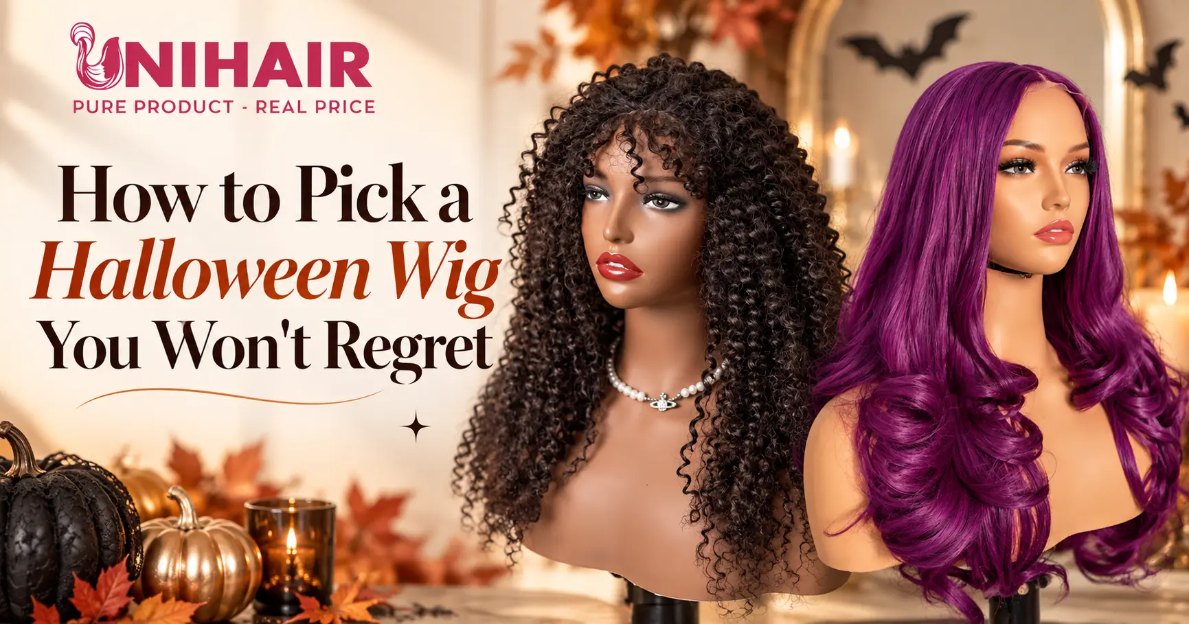 Halloween wig guide featuring curly black and purple wigs by Unihairvn