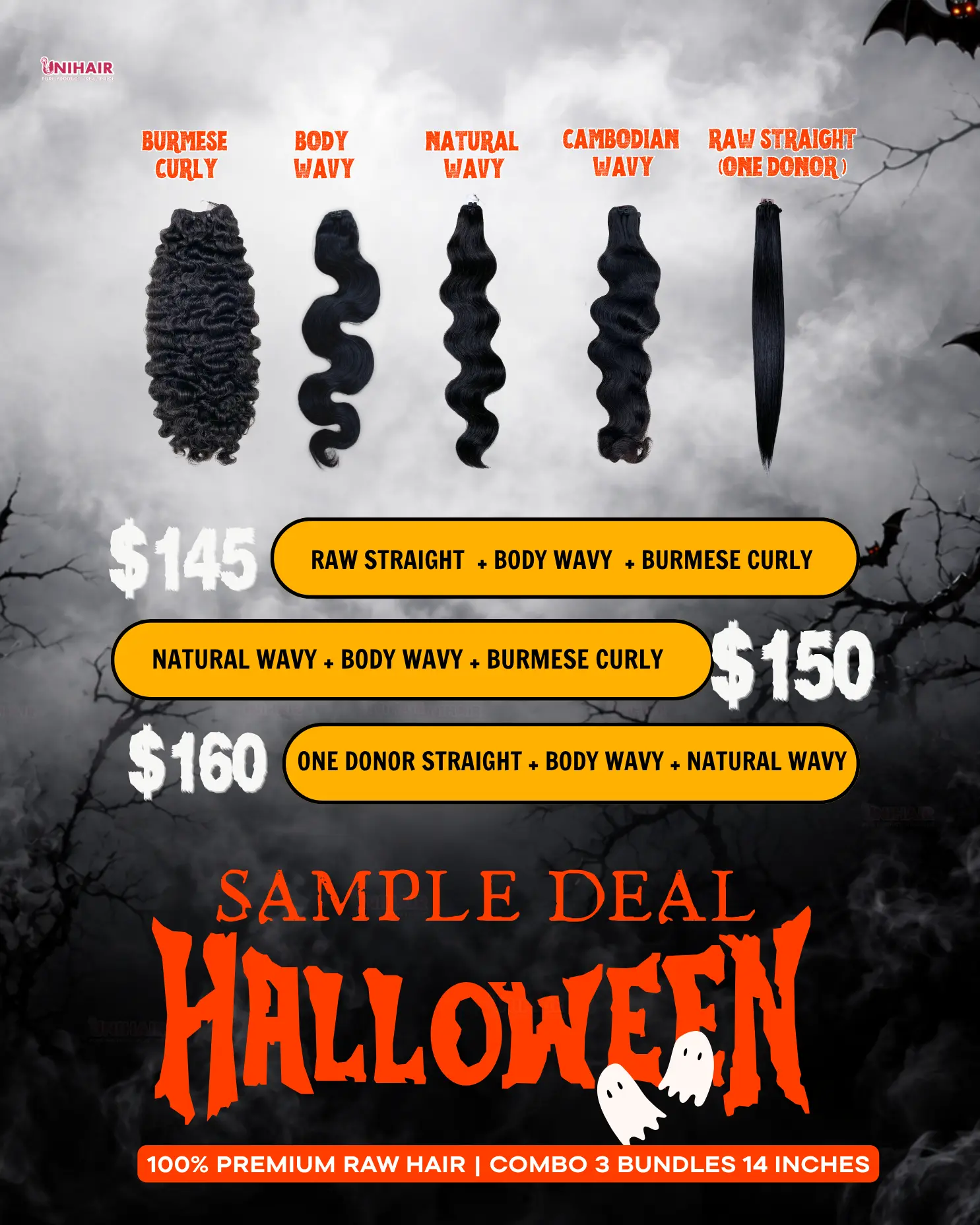 Unihairvn Halloween raw hair 3 bundles 14 inch sample deals