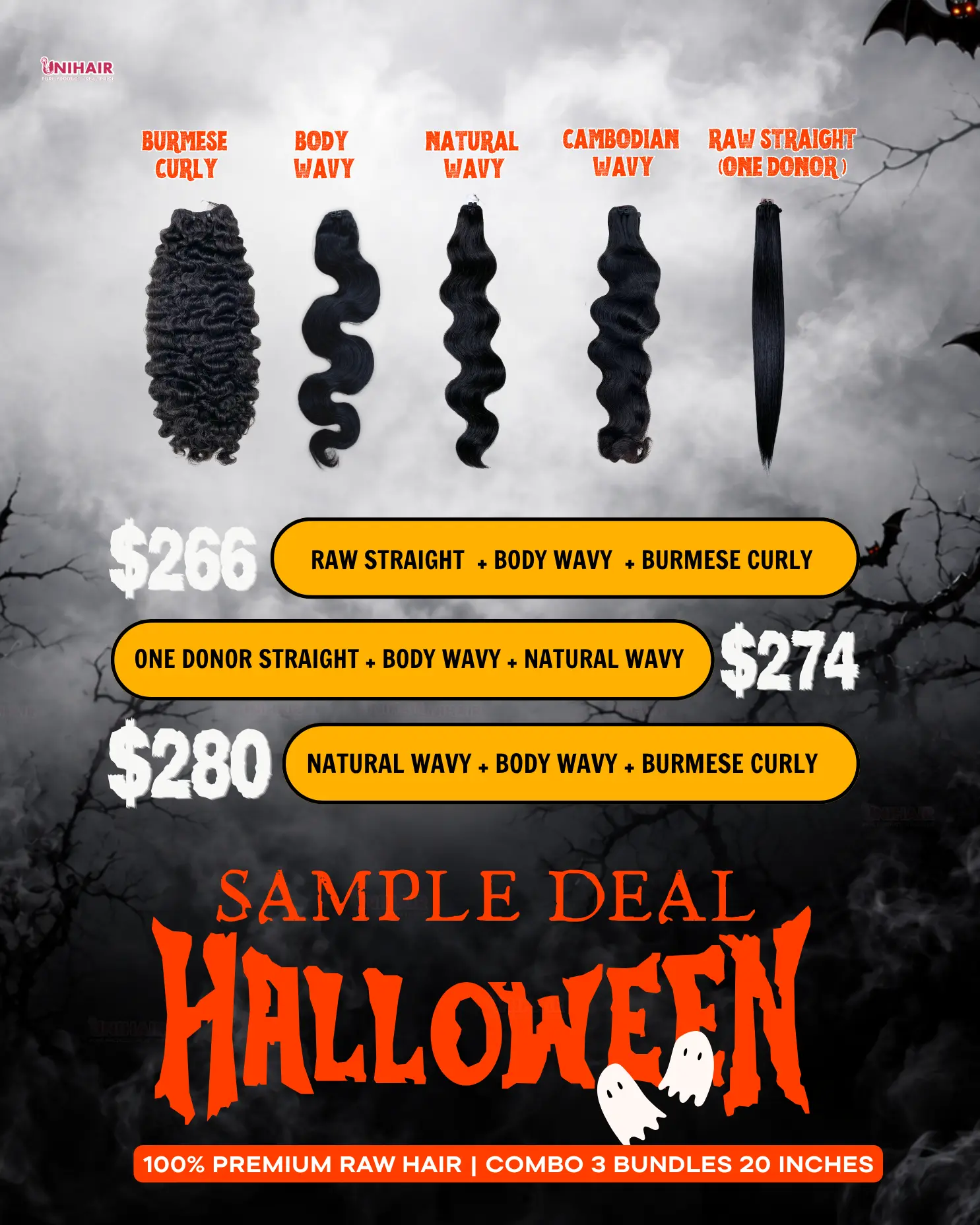 Unihairvn Halloween raw hair 3 bundles 20 inch sample deals