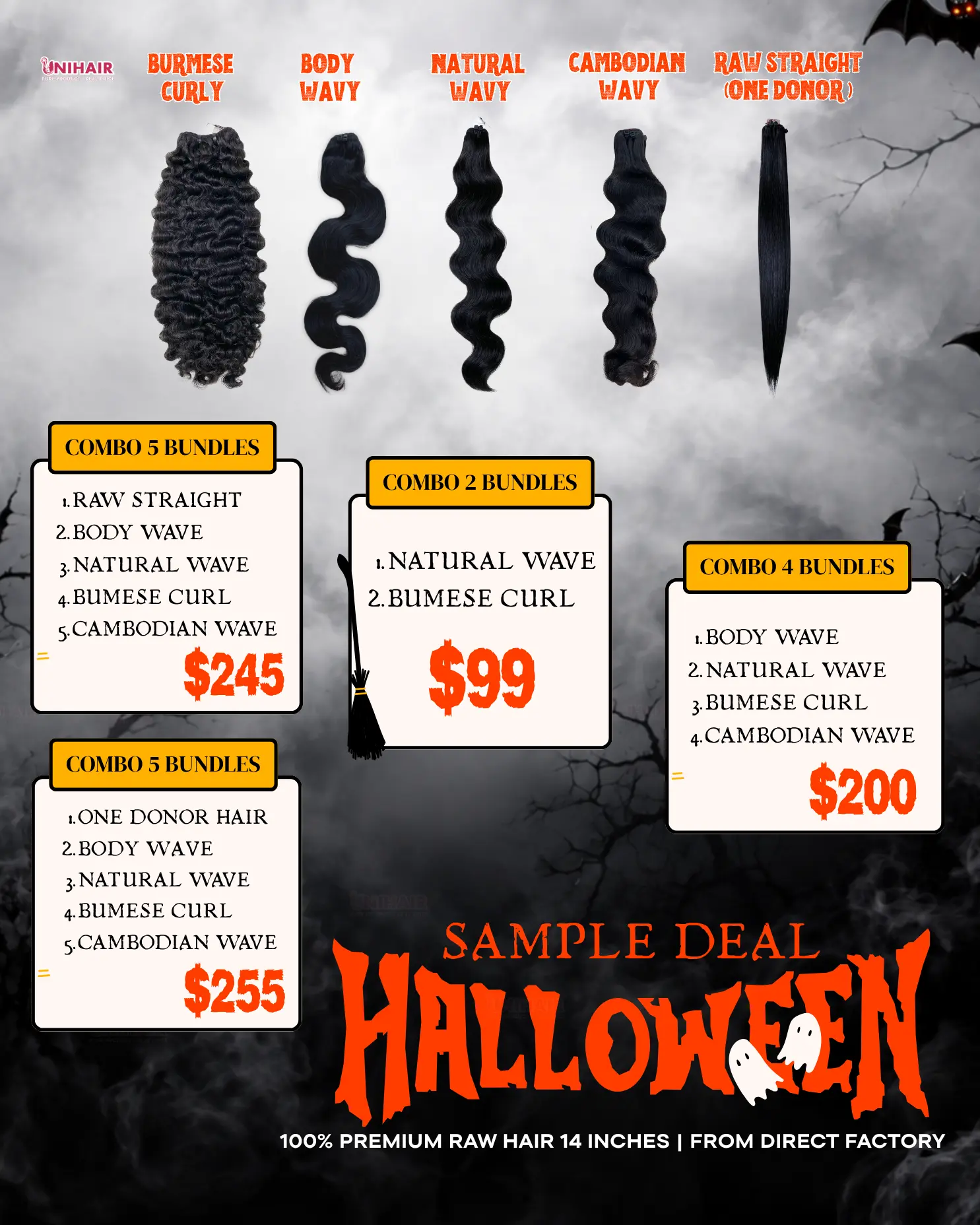 Unihairvn Halloween raw hair bundle combos 14 inch